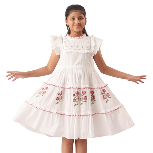 Image of Kids Girls Printed Embroidered Fusion Dress | Handmade Crafted Designer Ethnic Wear | 100% Cotton