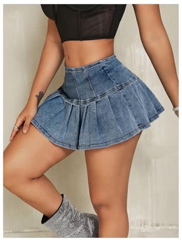 MakeMeChic Women's Pleated A Line Jean Skirts Zip Up Flared Hem Summer Mini Denim Skirt2