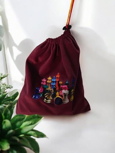 Image of Standard Chess Pieces with Valvat Pouch Which is Having Lock I Printed Valvat Pouch for Chess Pieces I Chess Pieces with Chess Bag only I Standard Tournament Pieces