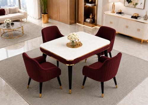 Image of WOODEN SPACE 4 Seater Wooden Dining Table Set | Urban Marble Top Dining Table with Chairs for Dining Room & Kitchen (Modern Zyro Maroon) (54 x 36 x 30 inch)