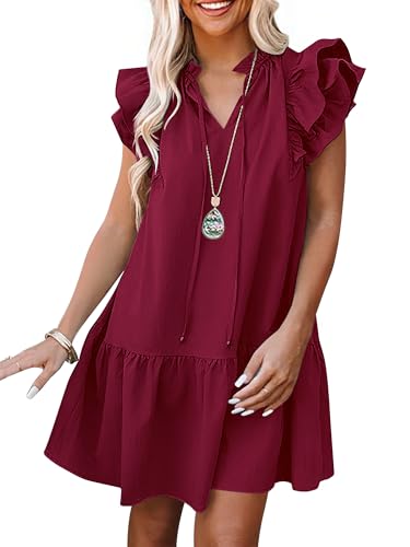 ANRABESS Womens Summer V-Neck Drawstring Ruffle Cap Short Sleeve Casual Shift Mini Dress with Pockets