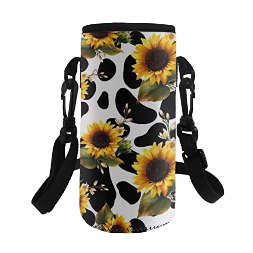 COEQINE Sunflower Cow Pattern with Water Bottle Carrier Insulated Neoprene Water Bottle Holder Bag Case Pouch for Adult Kids Walking Hiking Adjustable Shoulder Strap