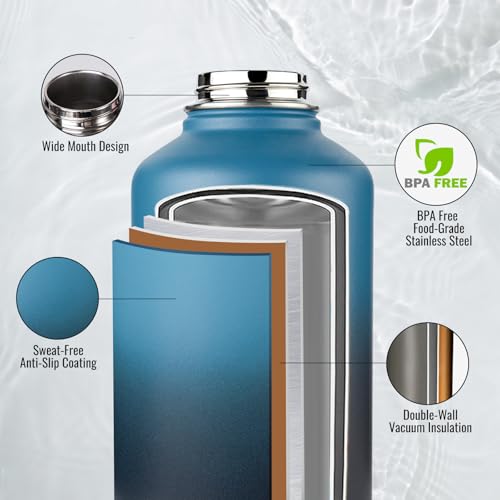 Image of Fijinhom Gallon Water Bottle with 2 Lids (Straw & Spout), 304 Stainless Steel Water Jug with Handle and Wide Mouth, 1 Gallon Vacuum Double Walled Jug for Sports, Outdoors, Blue&Black 128 oz