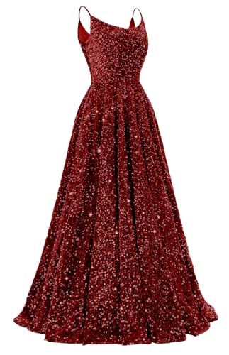 Tianzhihe Burgundy Sequin Prom Dresses for Women Glitter Spaghetti Straps Formal Ball Gown...