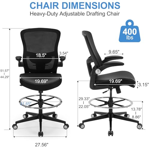 Image of Drafting Chair 400lbs Heavy Duty Tall Office Chair Big and Tall Ergonomic Standing Desk Chair with Lumbar Support and Adjustable Footrest Ring, Comfy Mesh Wide Chair with Flip-up Armrests, Black