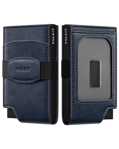 VULKIT Pop up Card Wallet with Money Strap Leather Front Pocket Card Holder with ID Window RFID Blocking Business Card Case for Men (Navy)