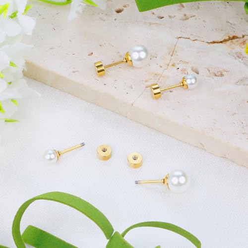 SmileBelle 2 Pairs Pearl Stud Earrings, Titanium Flat Back Earrings for Women Screw Back Studs Hypoallergenic Cartilage Earring as Sleep Earrings Helix Piercing Pearl Jewelry Gift (4mm+6mm)4