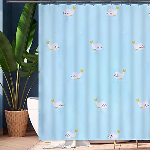 Blue Shower Curtains Cute Seal Waterproof Fabric Shower Curtain for Bath Tub Shower Stall, Hooks Included Machine Washable, 72" W x 72" H Cover