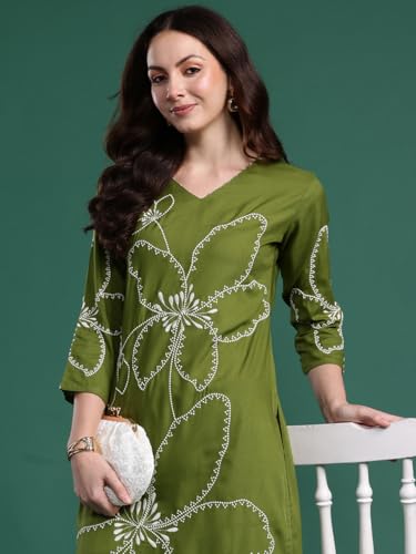 Image of INDO ERA Women's Straight Viscose Rayon Floral Embroidered Kurta & Palazzo Set (IESTR9981)
