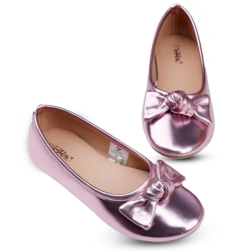 toothless Kids Girls Metallic Ballet Flats | Stylish Slip-On Belly Flats | Decorative Bow | Comfortable & Trendy Footwear for Festive Occasions, Casual Outings & Daily Fashion - (7-8 Years)