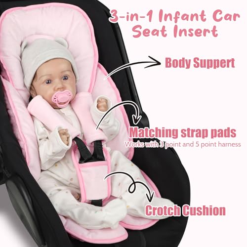 Image of 2 in 1 Infant Car Seat Insert Head and Body Support Set, Reversible Newborn Insert for Carseat with 3 Extra Strap Paddings, Soft Stroller Cushion Pillow Insert Girls, Fits for Stroller, Swing, Pink