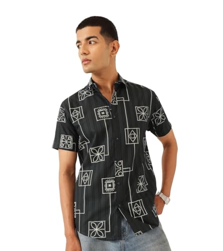 Image of Majestic Man Men's Slim Fit Pure Cotton Printed Casual Shirt - Short Sleeve | Premium Breathable Fabric | Modern Geometric Design
