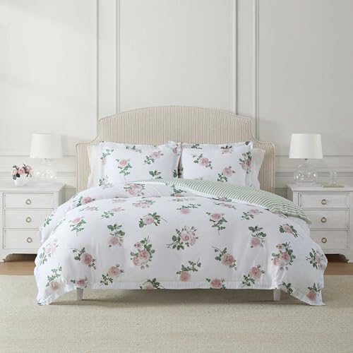 Image of Martha Stewart - Queen Comforter Set, 100% Silky Smooth Cotton Sateen Floral Bedding for Year Round Comfort, 3 Piece Bed Set with Matching Pillowcases (Tea Rose Pink)