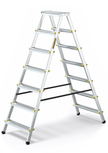 DRABEST Klapptritt Alu Leiter Klappbar Beidseitig 2x7 Stufen Trittleiter bis 150 kg Belastbar Haushaltsleiter