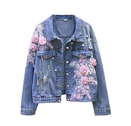 Veste en jean pour femme avec broderie florale robuste et perles nacrées