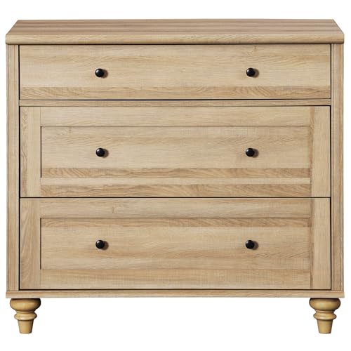 Image of WAMPAT Baby Dresser with 3 Drawers, Kids Dressers with Wide Chest of Drawers, Mid Century Modern Wooden Closet Storage Organizer, Small Dressers for Bedroom, Nursery, Hallway, Oak, 34 inch