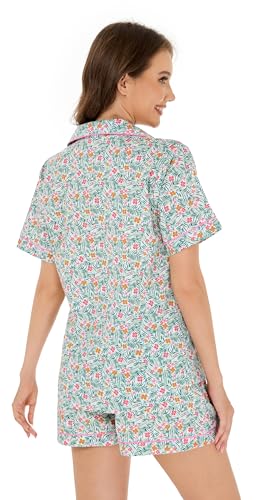 Image of LUBOT 100% Cotton Pajamas for Women 2 Piece PJ Set Poplin Woven Lightweight Ladies Button Short Sleeve Sleepwear S-XXL