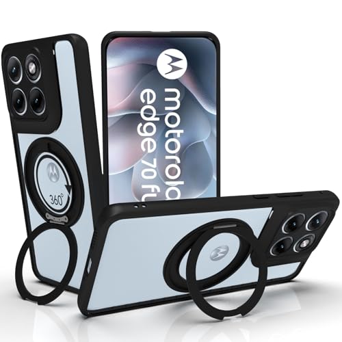 Image of RIGGEAR Shockproof Sleek Hybrid Armor 360 Rotating Magnetic Ring Stand Back Cover Case Compatible with MagSafe Accessories for Motorola Moto Edge 70 Fusion 5G (Clear PC + Black TPU Bumper)