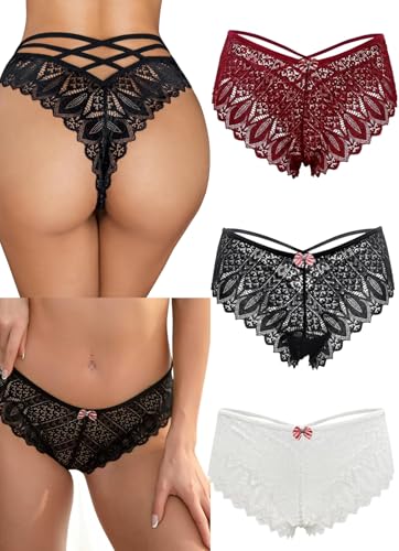 MIZSPISE Pack de 3 Tangas Sexy de Encaje para Mujer Tanga Chic Ropa Interior para Mujer Lencería Hipster Elástica S L (FR/ES, Letras, M, Regular, Regular, Negro Blanco y Burdeos)