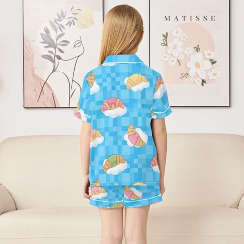 Satin Pajama Sets Short Sleeve Croissant on Cloud Button Down Silky Nightwear 2 Piece PJS 5-14Y4