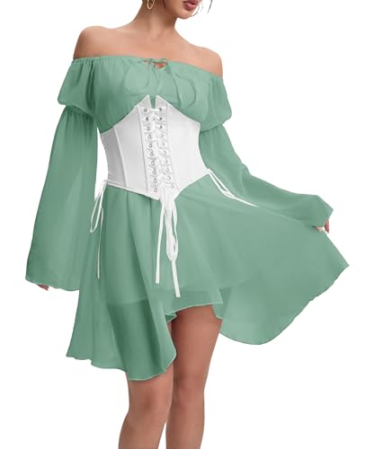 Image of Womens Green Fairy Dress With Corset Off Shoulder Bell Sleeve Lace Up Chiffon Bustier Dress Set XXL