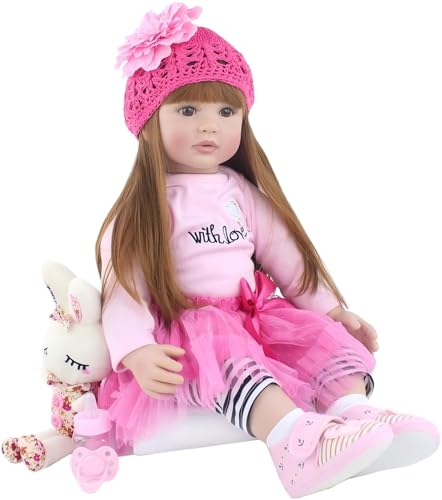 Pinky 24 inch 61cm Lovely Reborn Baby Girl Dolls Toddler Realistic Looking Life Like Baby Doll Vinyl Silicone Long Hair Babies Toy Gift (1811-2006)