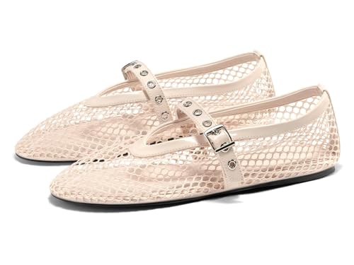 Image of Coutgo Womens Mesh Ballet Flats Mary Jane Fishnet Ballerina Buckle Strap Comfortable Causal Dress Shoes