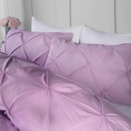 Highams Double Duvet Cover Pintuck, Luxury Duvet Cover Quilt Polycotton Bedding Set with Pillowcases Super Soft Comfy for Restful Sleep - Purple Lilac