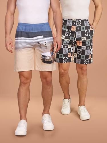 Image of BULLMER Regular Fit Cotton Blend Summer Shorts for Men - Pack of 2 | Printed Shorts for Men Blue /Beige
