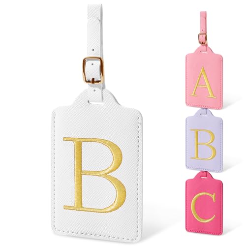 Image of Initial Luggage Tags for Suitcases, Cute Embroidered Letter Luggage Bag Suitcase Identifier Name Baggage Tag, PU Leather Travel Luggage Tags, Bag Tags for Men Women Kids Luggage Handbags(White B)