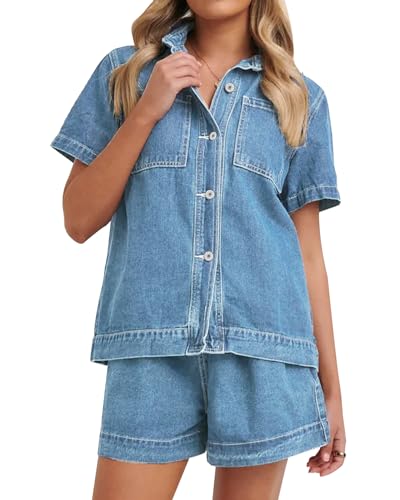 Kedera 2 Piece Denim Outfit for Women Lounge Sets Pajama Sets Short Sleeve Oversized Button Down Boxy Shirts and Shorts Tracksuit