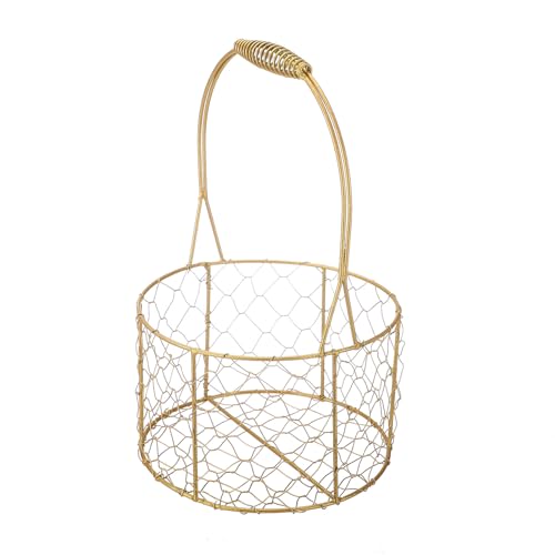 KHBNHJ Metal Flower Girl Basket Iron Wedding Basket with Handle Rustic Wire Flower Baskets Storage Baskets for Wedding Home Decoration,Gold, Round: 18 x 18 x 28 cm/7 x 7 x 11 inch