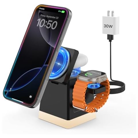 JoyGeek 3-in-1 Charger Stand for Magsafe: Foldable Wireless Charging Station with Night Light-Magnetic Charger Dock for iPhone 16/15/14/13/12 Pro/Max/Plus, AirPods, Apple Watch 2-9, with 30W Adapter Cover