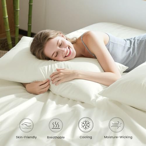 Image of Love's cabin 4 Piece Full Size Sheet Set, 100% Rayon Derived from Bamboo, Cooling & Breathable, Soft Silky Deep Pocket up to 16 inch, Hotel Luxury Bedding for Hot Sleepers, Ivory