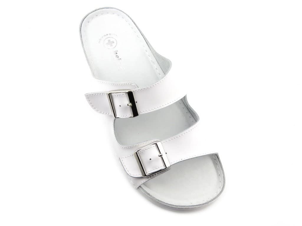 Zapatillas Sanitarias Médicas Para Mujer Hechas De Cuero De Grano Natural Suela Plana Esponja Suave Correas Ajustables Amortiguador Blanco Talla 40