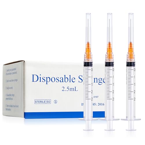 Image of 2.5ml Syringes with 25 Gauge 1 Inch Needles Luer Lock, Disposable Individually Packed 100 Pack