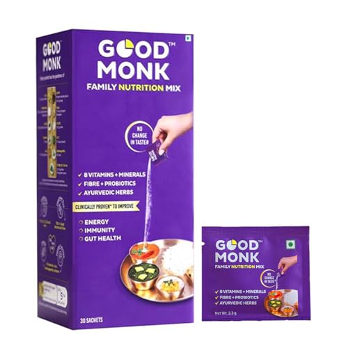 Image of Good Monk Clinically Proven Multivitamin Mix for Kids, Men & Women | For Energy, Immunity, Gut Health | With Probiotics, Fibre, Vit B12, C, D, Iron, Zinc | Add To Food - No Taste Change | 30 Sachets