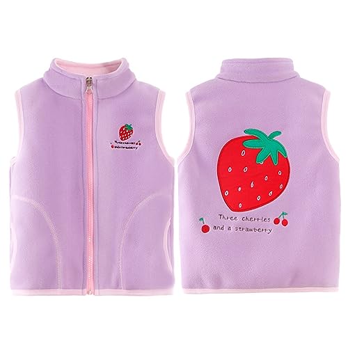 Girl Fleece Waistcoat Cute Strawberry Print Sleeveless Warm Vest Kid Fall Winter Full Zipper Outerwear with Pocket