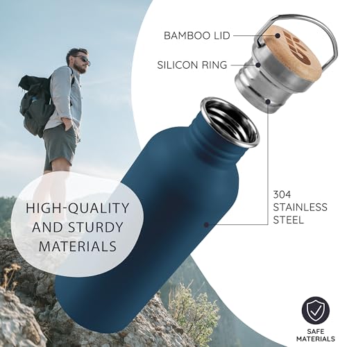 Image of Bambaw Stainless Steel Water Bottle 16 oz, Navy Blue Sports Bottle, Non-Insulated Single Wall, Children's Small Metal Water Bottle, 500 ml, Reusable - Aegean Blue