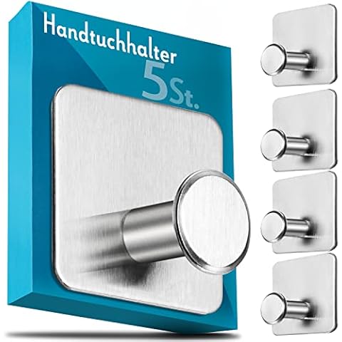 Menz Handtuchhalter ohne Bohren - 5er Set Edelstahl Haken selbstklebend + 3M-Klebe-Pads - Hochwertige Klebehaken ideal für Bad und Küche - Selbstklebende Haken als Handtuchhaken Cover