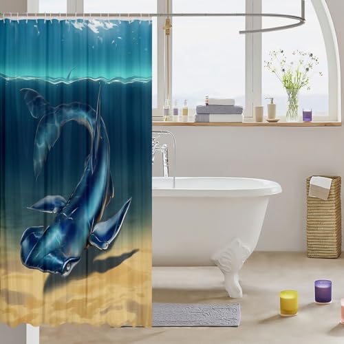Image of Shark Shower Curtain with Hooks Hammerhead Shark Waterproof Shower Curtains for Boys Girls Kids Ocean Marine Theme Bathroom Shower Curtain Room Decor Underwater Animal Pattern Bath Curtains 72x72 Inch