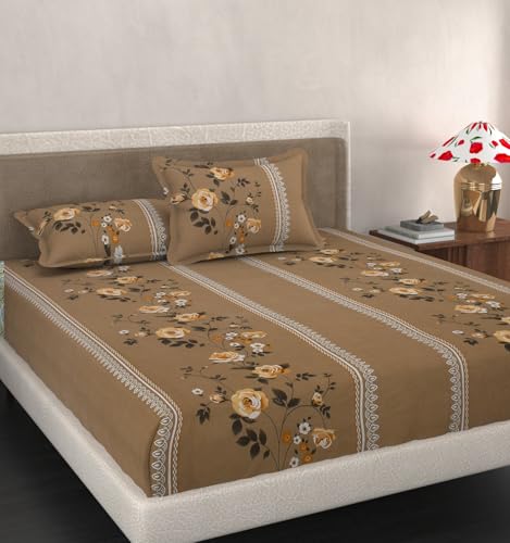 Image of VOMZER King Size (72x78) 300 TC Soft Cotton Feel Microfiber All Around Elastic Fitted Double Bedsheet with 2 Pillow Covers | Beige Lily