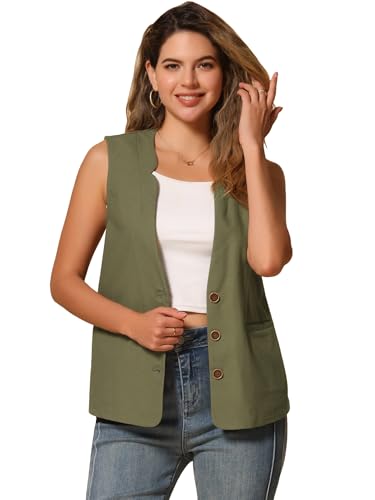 Allegra K Cotton Linen Vest for Women's Casual V Neck Button Down Sleeveless Jacket