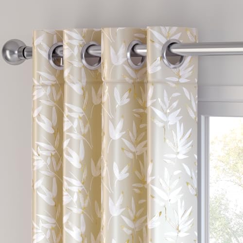 Image of HOKIPO Luxe Foliage Foil Printed Curtains 7 Feet Long Set of 2, Cream