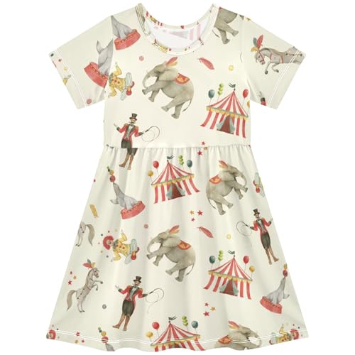 Pigsaly Girls Short Sleeve Dress Watercolor Circus Animals Girls Summer Dress Clown Tent Playwear Dresses 4T Multicolor