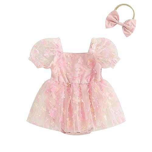 Image of tetyseysh Newborn Baby Girl Romper Dress Mesh Embroidery Bodysuit Jumpsuit Lace Tutu Dress with Headband Set Princess Outfits