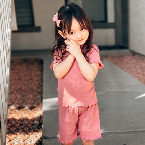 Image of Toddler Girl Clothes Summer Outfit Short Sleeve Shorts Set 12M-5T | Soft ribbed knit toddler girl outfit with breathable fabric, ruffle top, comfy shorts and stretchy fit for summer daily wear.