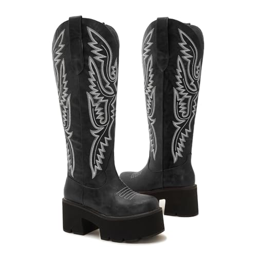 Image of Uillnoodu Women's Red Platform Cowgirl Boots with Zipper - Western Knee-High Chunky Sole Cowboy Boots