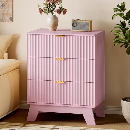 Image of BORNOON Fluted 3 Drawer Dresser, 30.3 inch Tall Compact Modern Boho Chest of Drawers, Wooden Storage Cabinet for Bedroom, Living Room, Entryway, Curved Profile Design