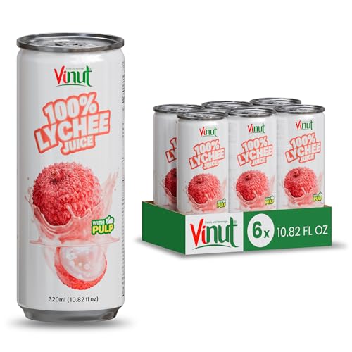Image of VINUT 100% Lychee Juice with Pulp, No Added Sugar, Not From Concentrate, Gluten Free & Non-GMO Drink, 100% Vegan /Plant-Based, 10.82 fl oz Cans (Pack of 6)